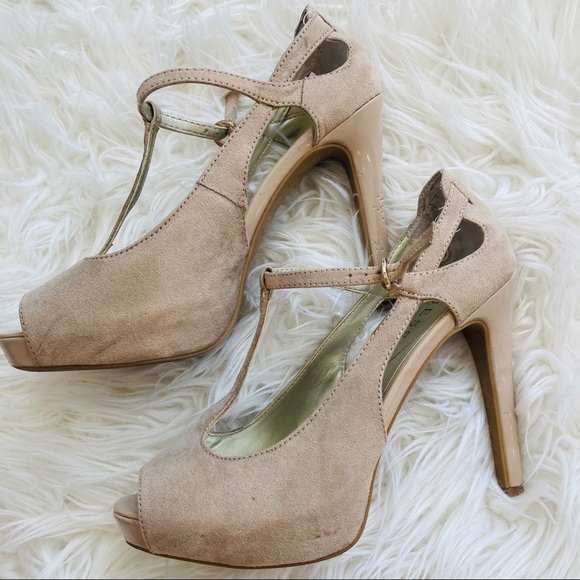 Guess | Nude T-Strap Suede Heels - Picture 4 of 7
